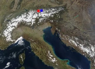 Map of Alps - Германия - червено - Zugspitze; синьо - Sudelfeld