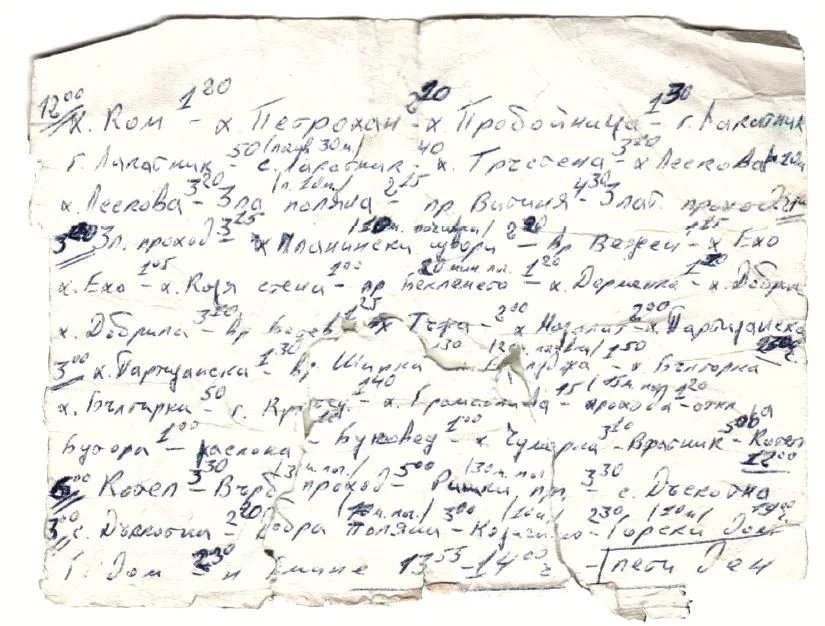 Листът, на който през 1987 г. Любо си е записвал времената