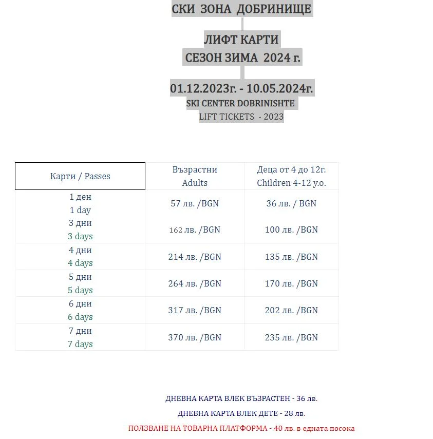 Цени ски зона Добринище, сезон 2023/2024