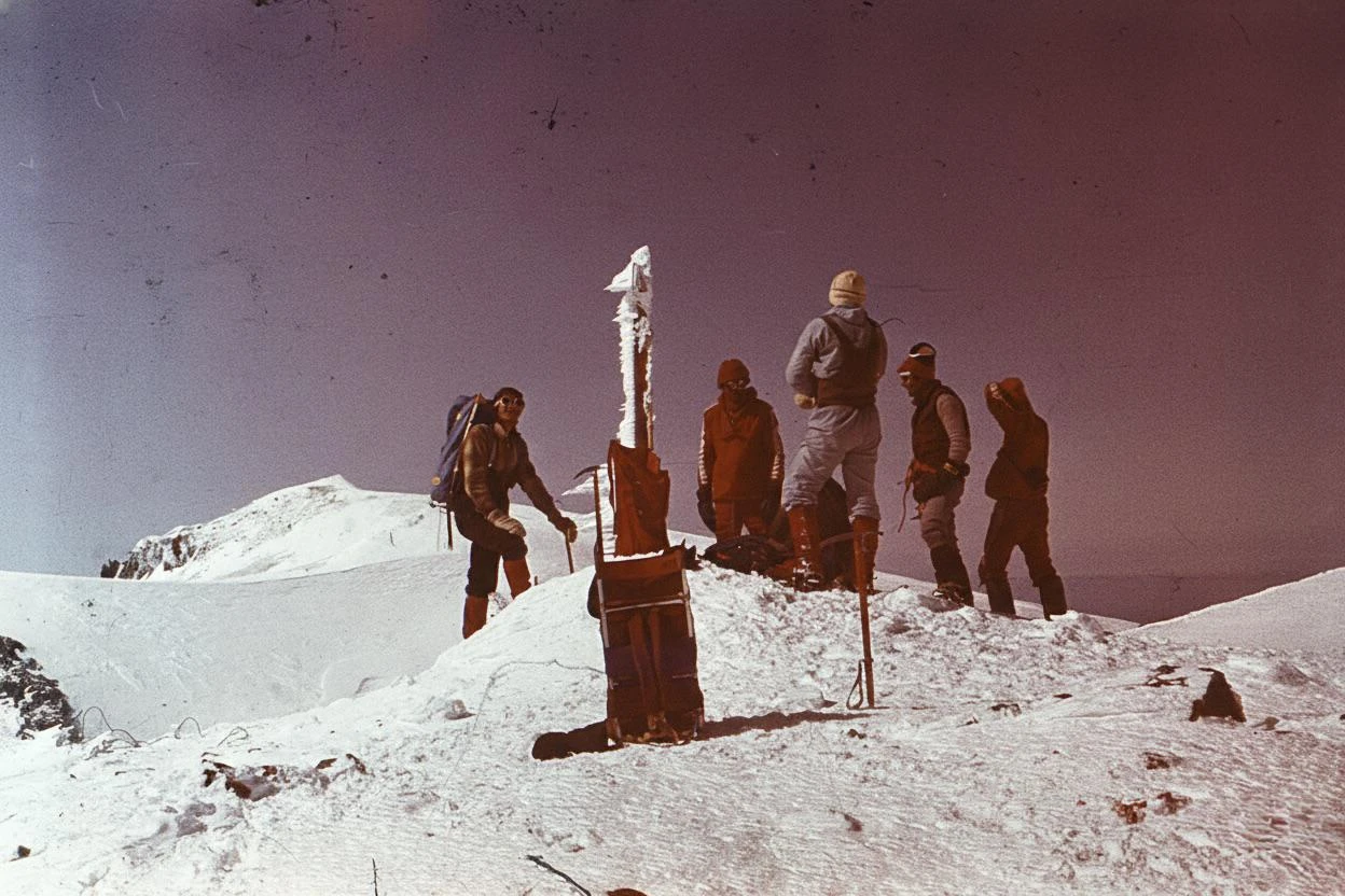 На върха от ляво надясно се разпознават Николай Петков, Христо Проданов, Стамен Станимиров (Кавказ ’83 – лагер-сбор за „Еверест ’84“)